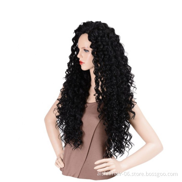 factory price black long roll wig, 24-inch artificial wool lace front wig, no kink and curl lace front wig synthetic hair wigs